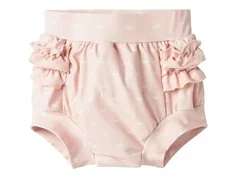 Rosa babybadebuks med print af små hvide svaner og flæser i siden fra Lil Atelier 132133575 peach whip